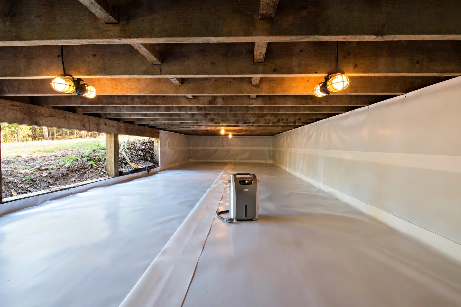 Clean encapsulated crawl space in Hoover AL after — sealed white vapor barrier and dehumidifier