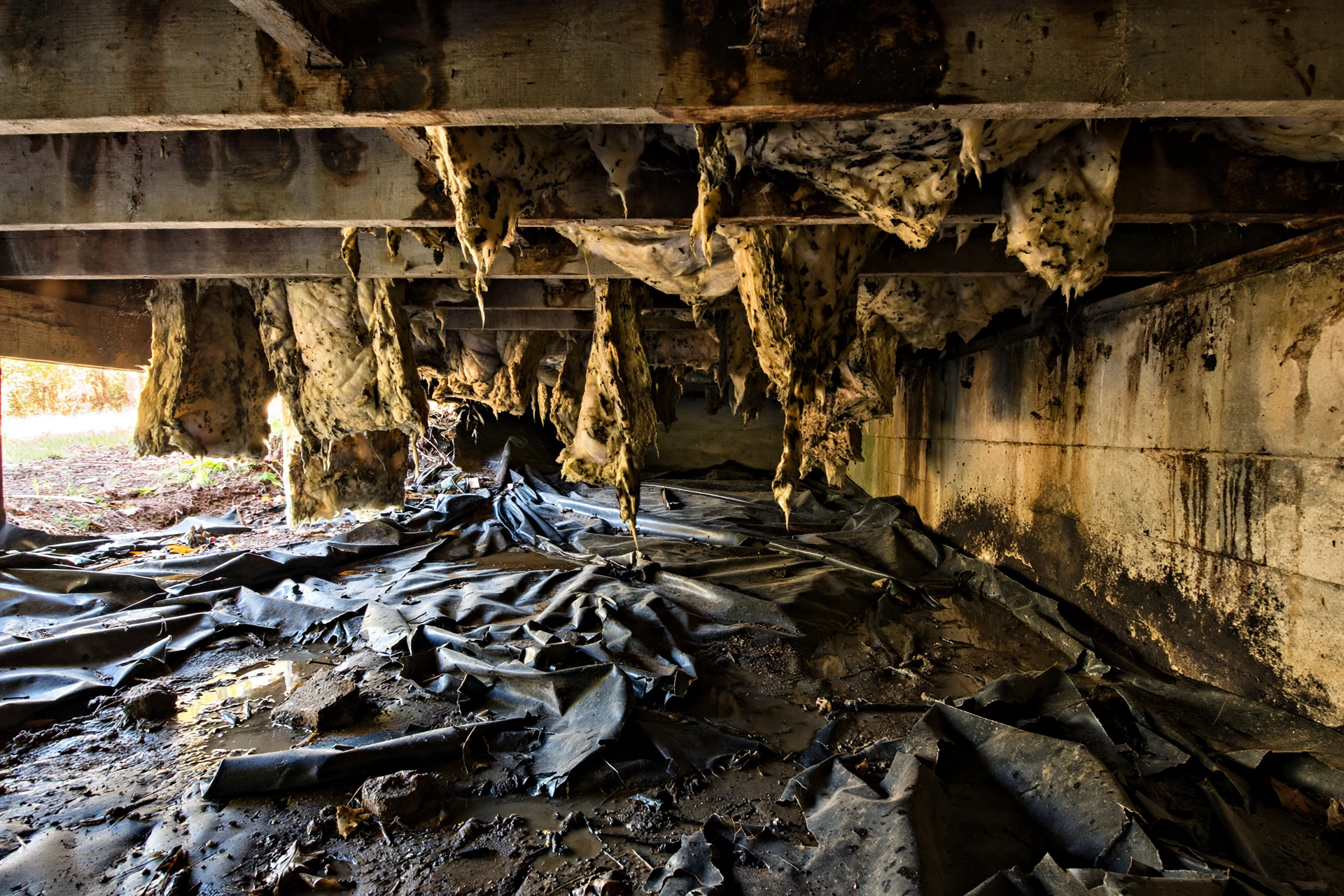 Dirty wet crawl space in Hoover AL before encapsulation — torn barrier and sagging insulation