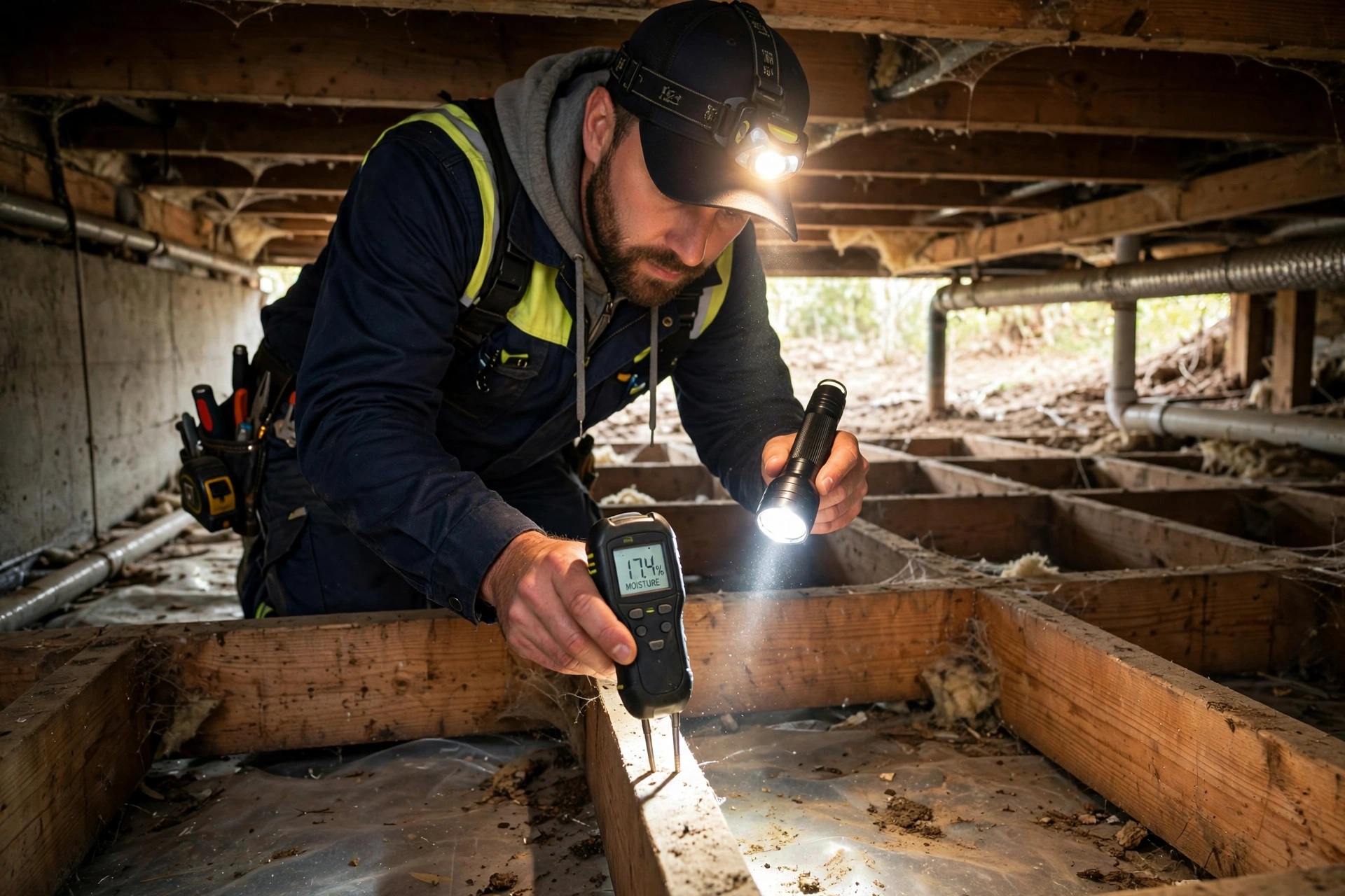 Professional crawl space inspection in Hoover AL — inspector checking moisture in floor joists