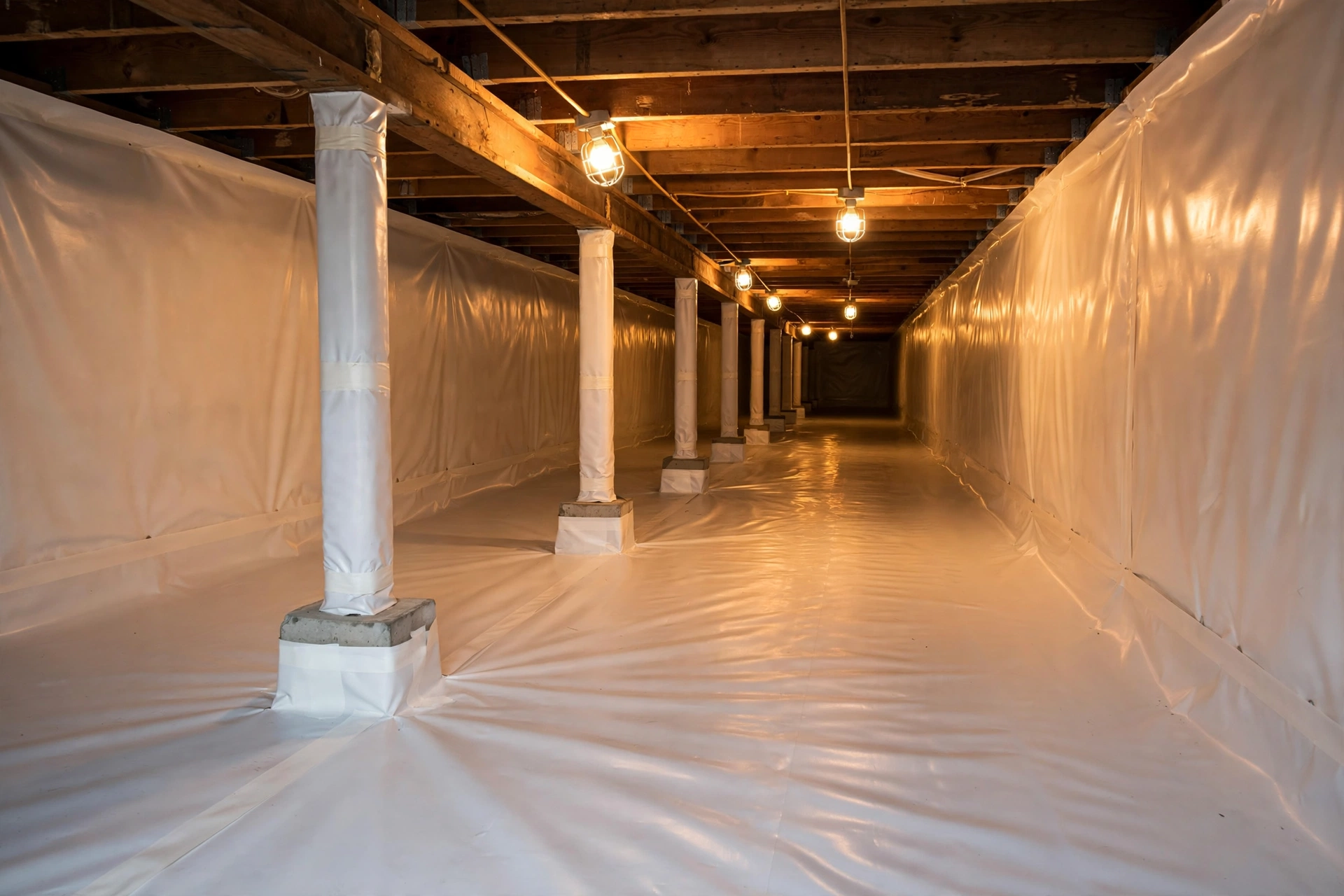 Encapsulated crawl space in Hoover AL — sealed white vapor barrier system with dehumidifier