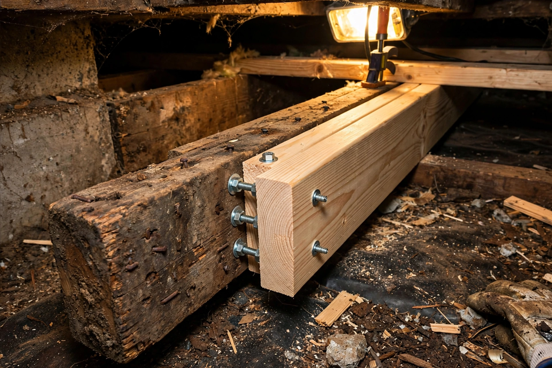 Crawl space floor joist repair in Hoover AL — sistered joists