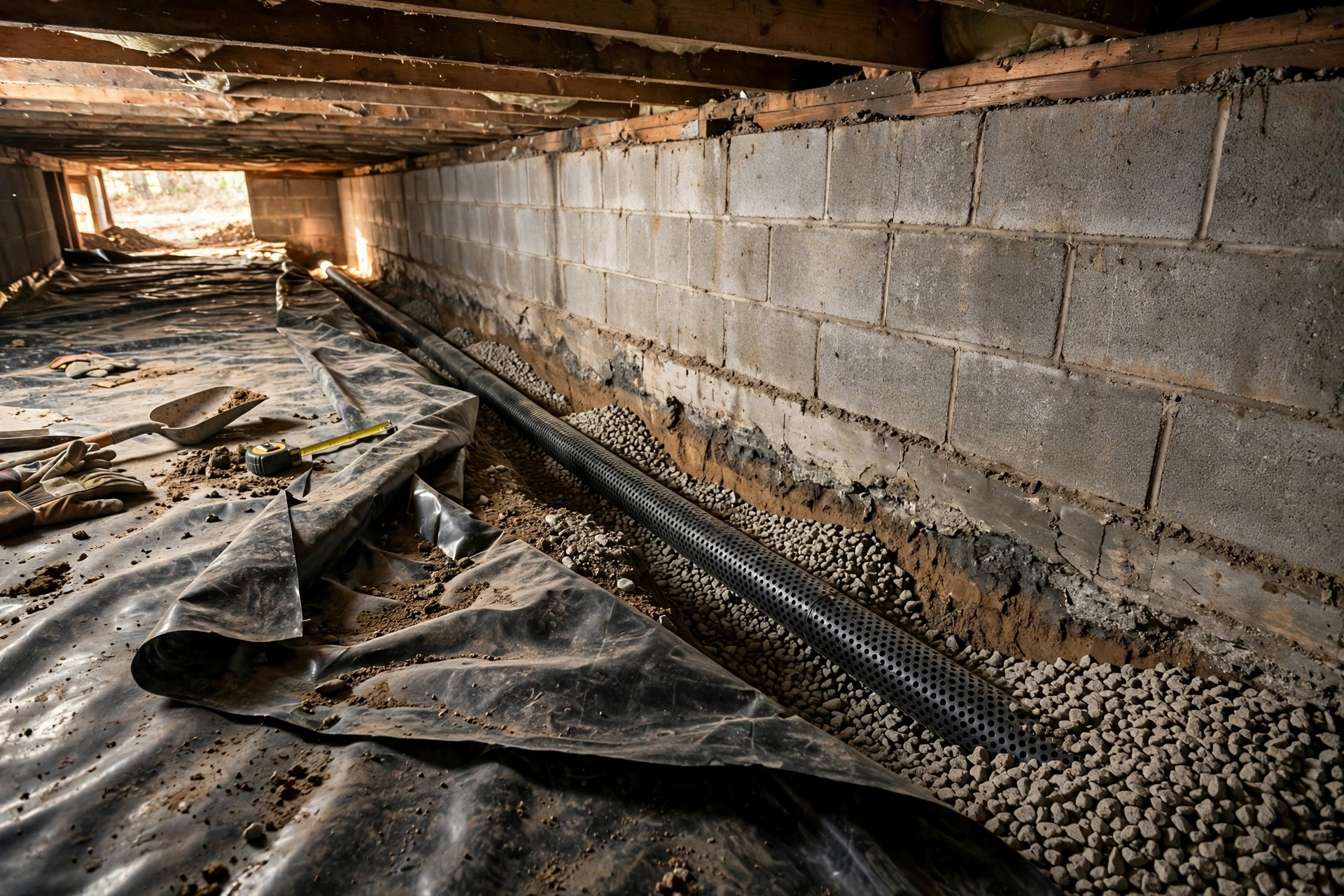 Crawl space waterproofing in Hoover AL — interior French drain installation